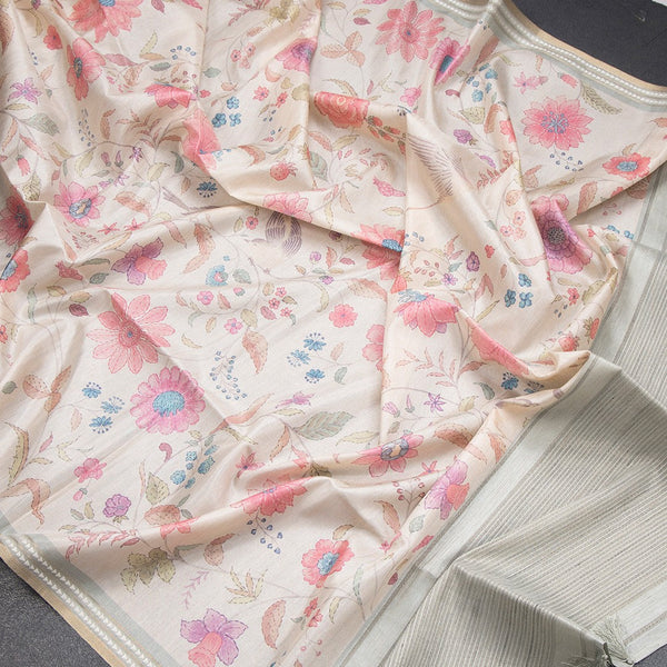 Tussar Cream Floral Printed Saree - Kumaran Silks