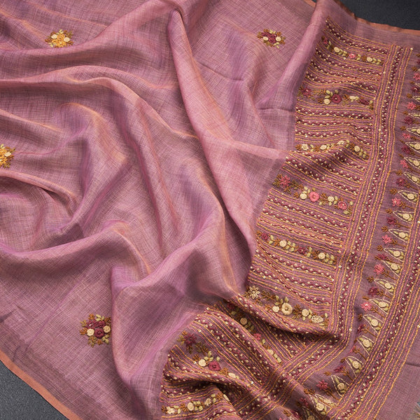 Linen Onion Pink Thread Work Saree