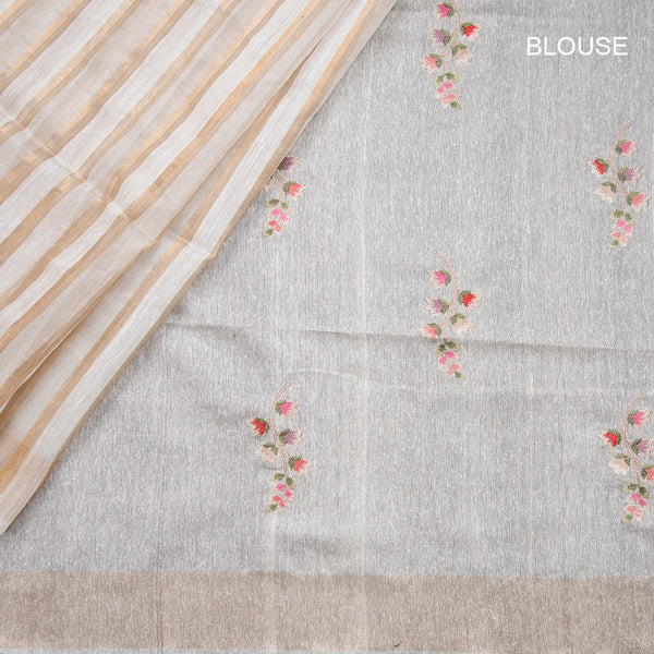 Raw Silk Cream Stripes With Thread Work Saree