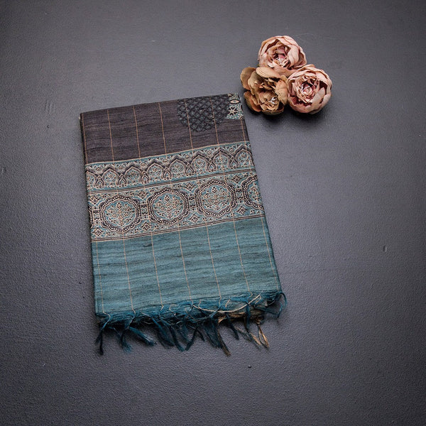 Tussar Dark Grey Checked Saree