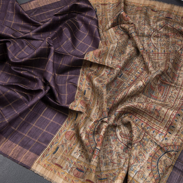 Tussar Dark Purple Checked Saree