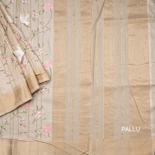 Raw Silk Cream Floral With Birds Thread Work Saree