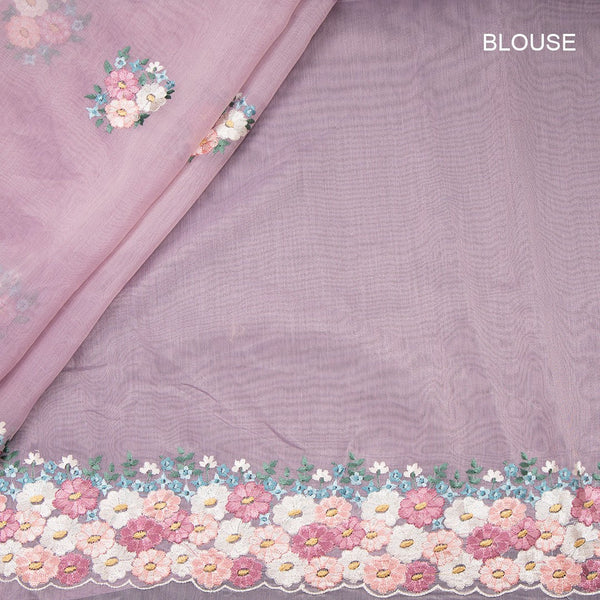 Linen Lilac Purple Floral Thread Work Saree