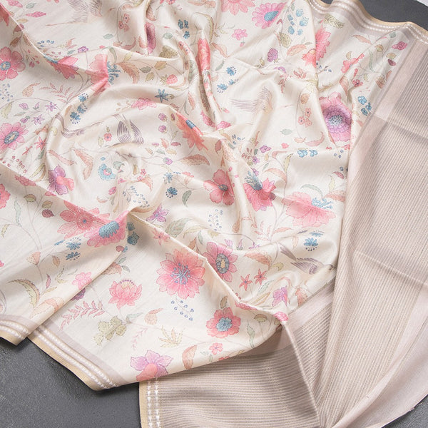 Tussar Cream Floral Printed Saree 02