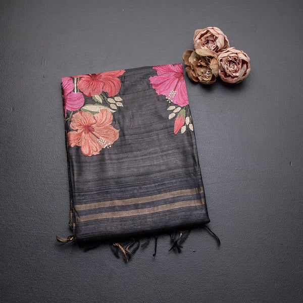 Raw Silks Black Stripes With Thread Work Saree