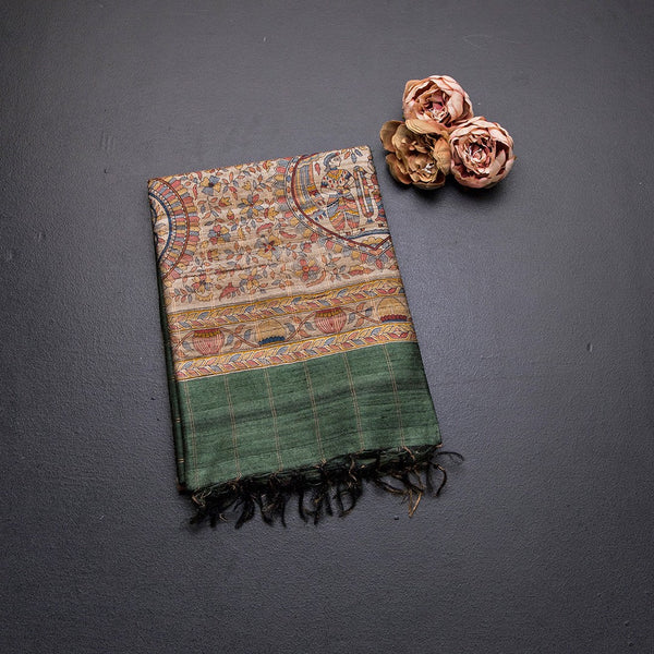 Raw Silks Checked And Kalamkari Handloom Printed Saree