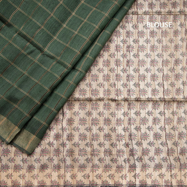 Raw Silks Checked And Kalamkari Handloom Printed Saree