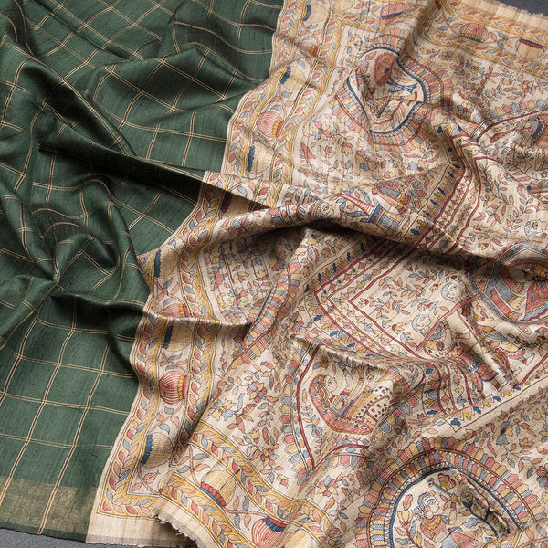 Raw Silks Checked And Kalamkari Handloom Printed Saree - Kumaran Silks
