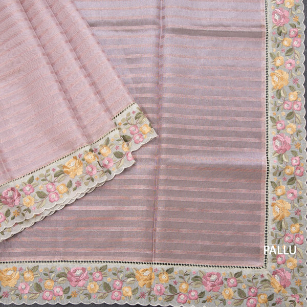 Tissue Banarasi Pink Stripes Saree With Thread Work