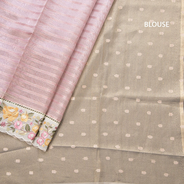 Tissue Banarasi Pink Stripes Saree With Thread Work