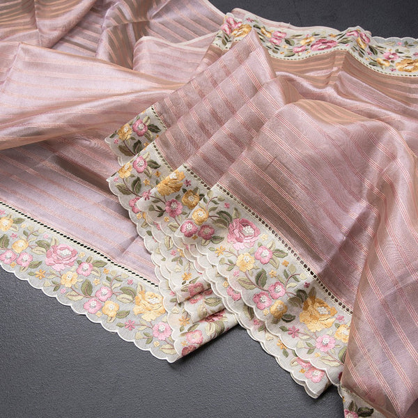 Tissue Banarasi Pink Stripes Saree With Thread Work