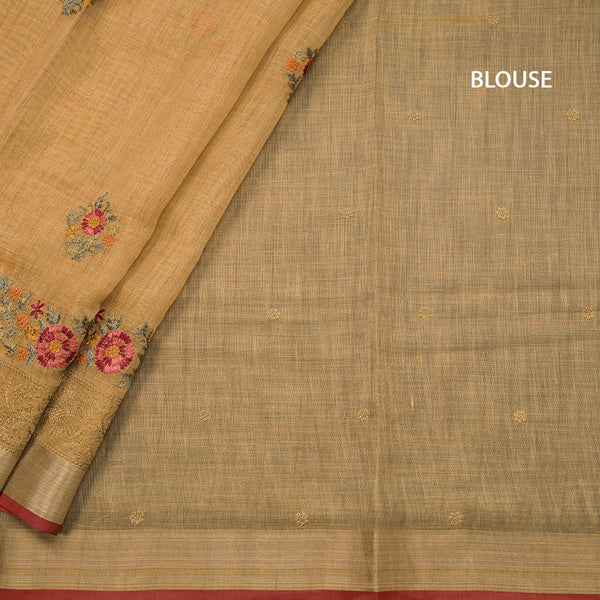 Linen Metallic Gold Floral Thread Work Saree