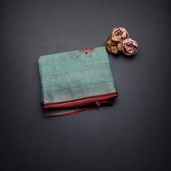 Linen Sapphire Green Floral Thread Work Saree