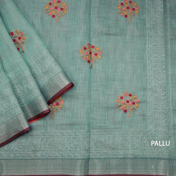 Linen Sapphire Green Floral Thread Work Saree