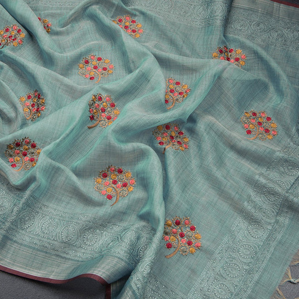 Linen Sapphire Green Floral Thread Work Saree - Kumaran Silks