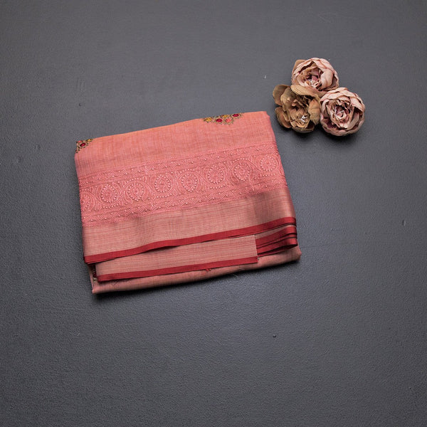 Linen Salmon Orange Floral Thread Work Saree