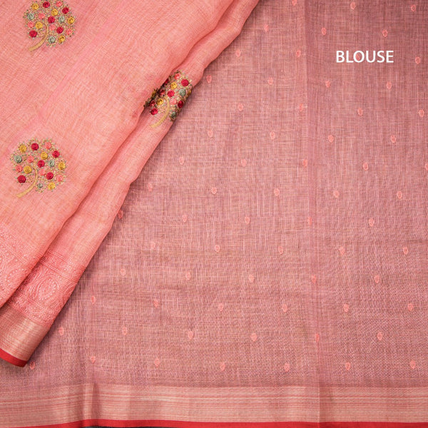 Linen Salmon Orange Floral Thread Work Saree