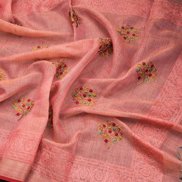 Linen Salmon Orange Floral Thread Work Saree - Kumaran Silks