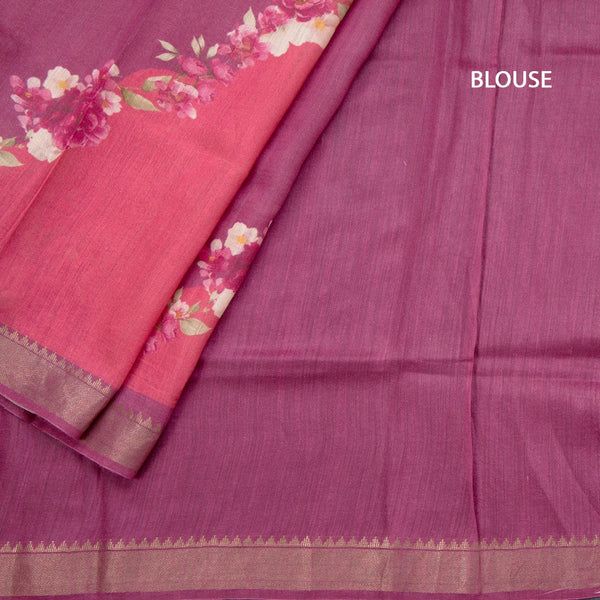 Tussar Dark Pink Printed Saree With Zari Border