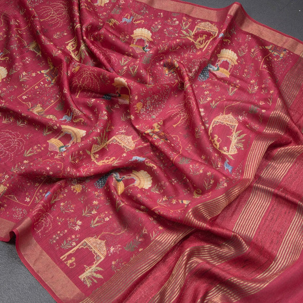 Tussar Dark Red Printed Saree With Zari Border - Kumaran Silks