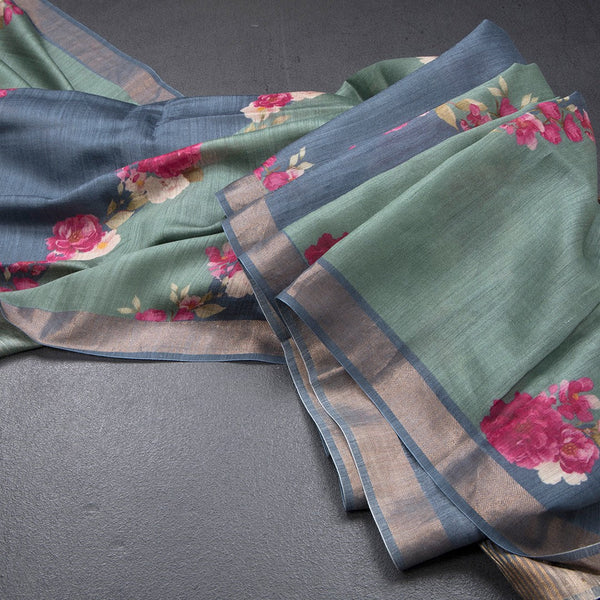 Tussar Green Printed Saree With Zari Border