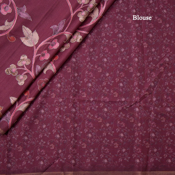 Semi Raw Silk Wine Colour Floral Printed Saree