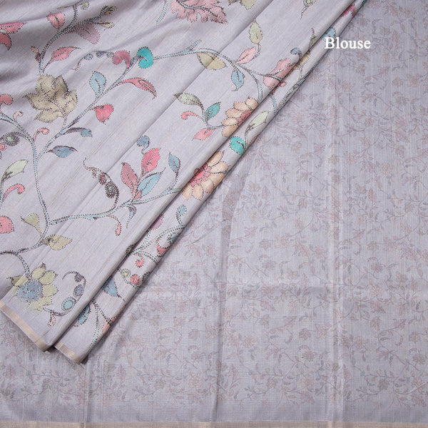 Semi Raw Silk Grey Floral Printed Saree 04