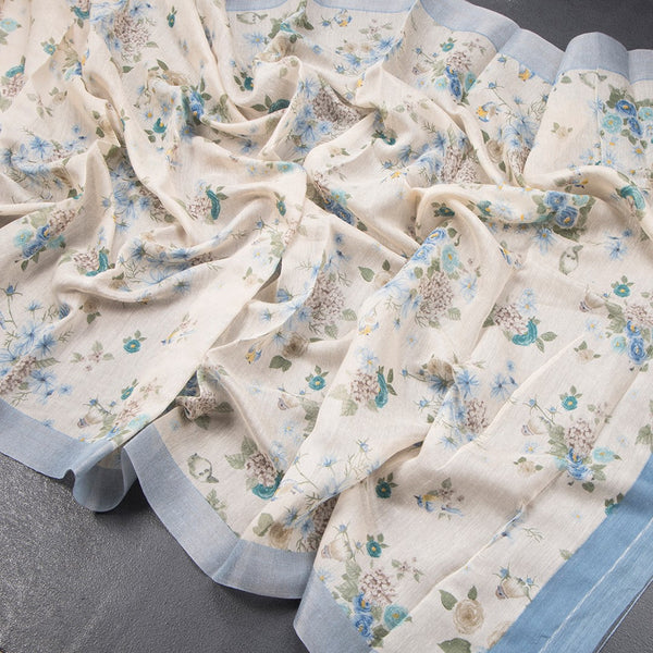 Semi Linen Cream Floral Printed Saree 04