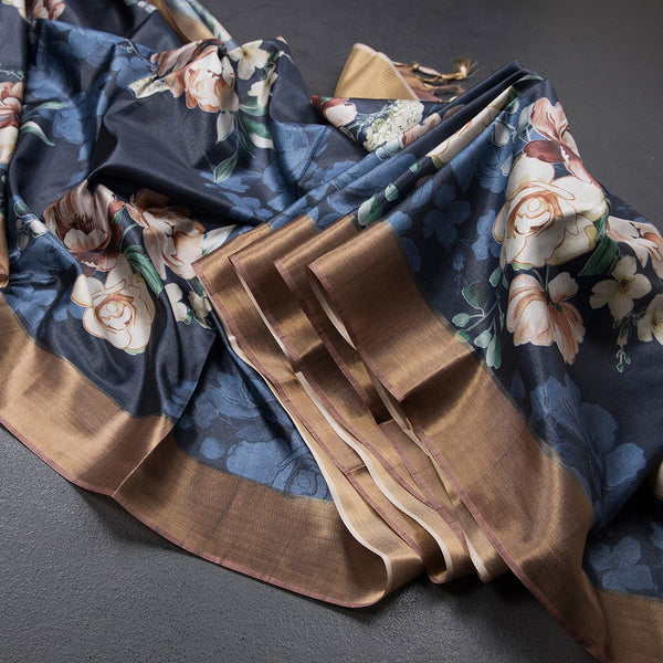 Semi Raw Silk Navy Blue Floral Printed Saree 02