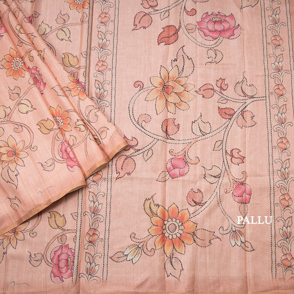 Semi Raw Silk Peach Floral Printed Saree 02