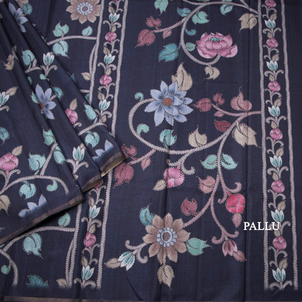 Semi Raw Silk Navy Blue Floral Printed Saree 03