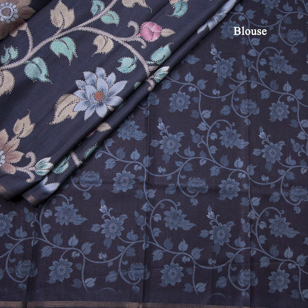 Semi Raw Silk Navy Blue Floral Printed Saree 03