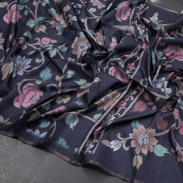 Semi Raw Silk Navy Blue Floral Printed Saree 03