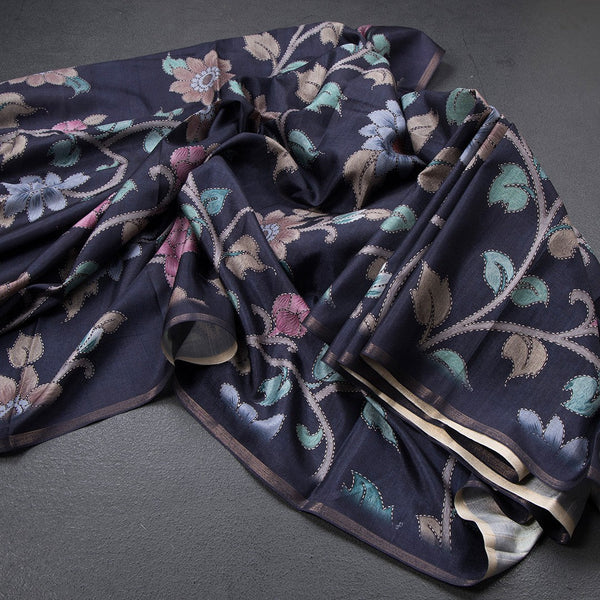 Semi Raw Silk Navy Blue Floral Printed Saree 03