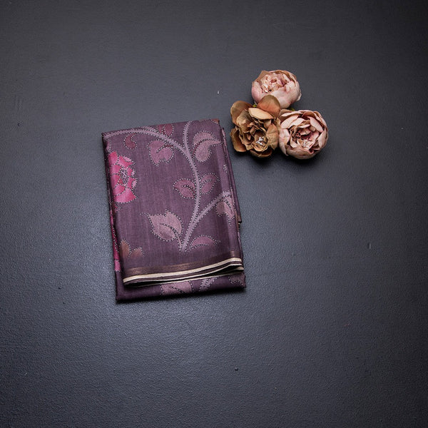 Semi Raw Silk Dark Purple Floral Printed Saree