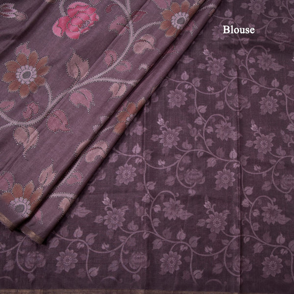 Semi Raw Silk Dark Purple Floral Printed Saree