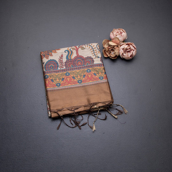 Semi Raw Silk Chocolate Brown Printed Saree