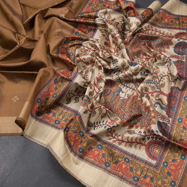 Semi Raw Silk Chocolate Brown Printed Saree