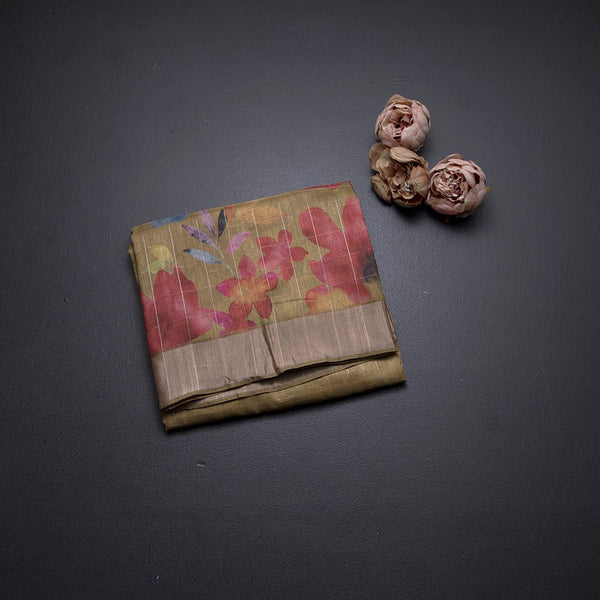 Raw Silk Light Mehandi Green Thread Checks With Floral Printed Saree