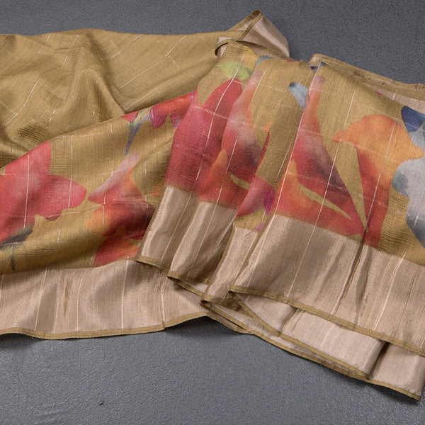 Raw Silk Light Mehandi Green Thread Checks With Floral Printed Saree