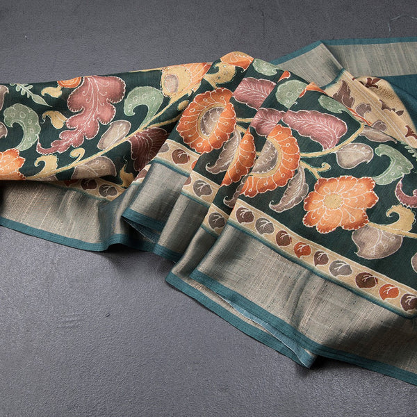 Tussar Dark Green Floral Printed Saree