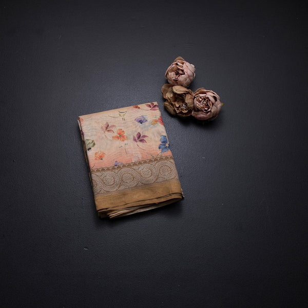 Semi Linen Cream Floral Printed Saree 05