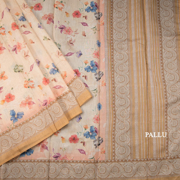 Semi Linen Cream Floral Printed Saree 05