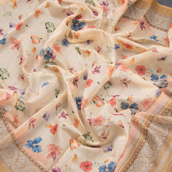 Semi Linen Cream Floral Printed Saree 05