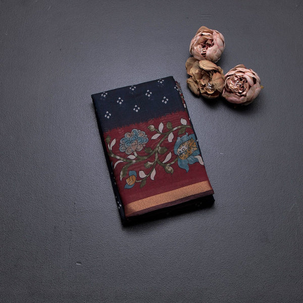 Tussar Navy Blue Printed Saree