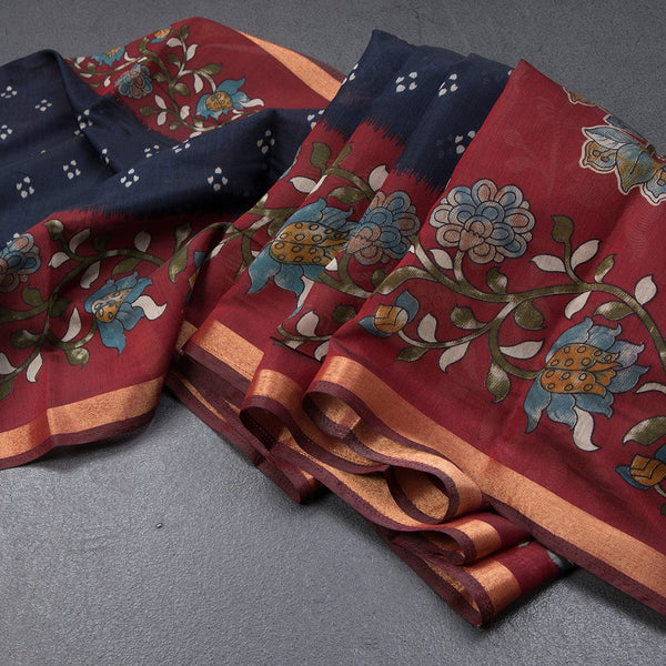 Tussar Navy Blue Printed Saree