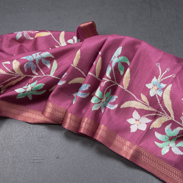 Tussar Dark Pink Floral Printed Saree