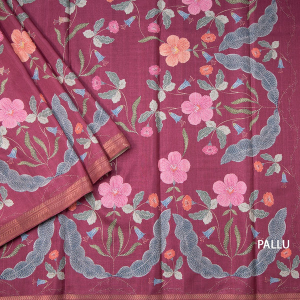 Tussar Dark Pink Floral Printed Saree 02