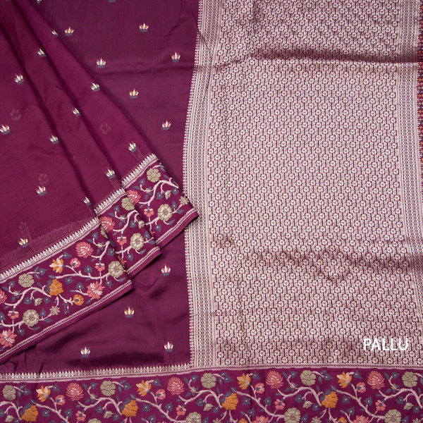 Raw Silk Dark Violet With Zari Buttas And Floral Border