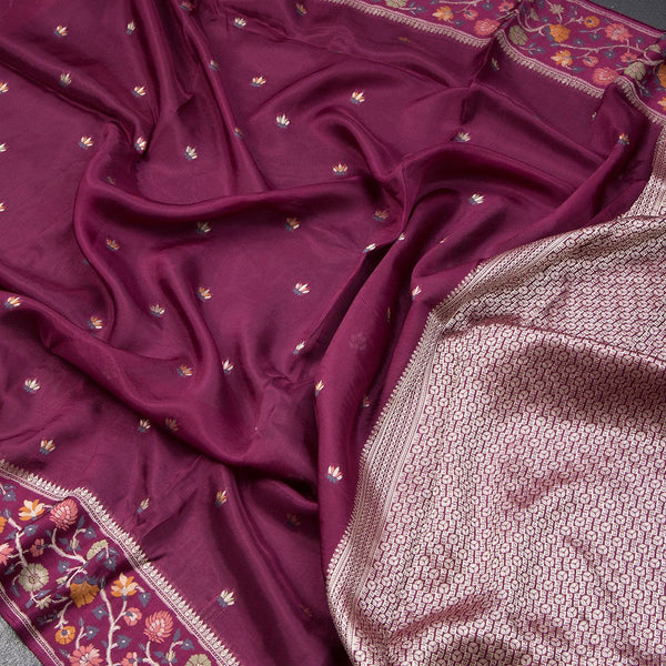 Raw Silk Dark Violet With Zari Buttas And Floral Border